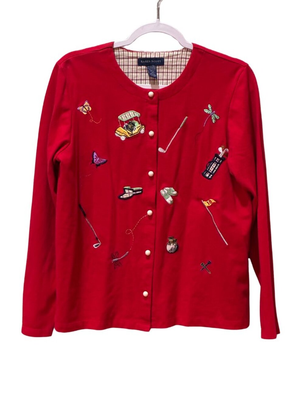 Vintage Karen Scott Red Embroidered Golf Novelty Button Front Cardigan Sweater M